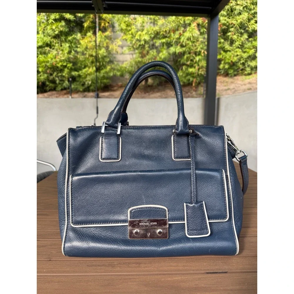 Michael Kors Navy Blue Pebbled Leather Satchel Handbag Silver Hardware Crossbody